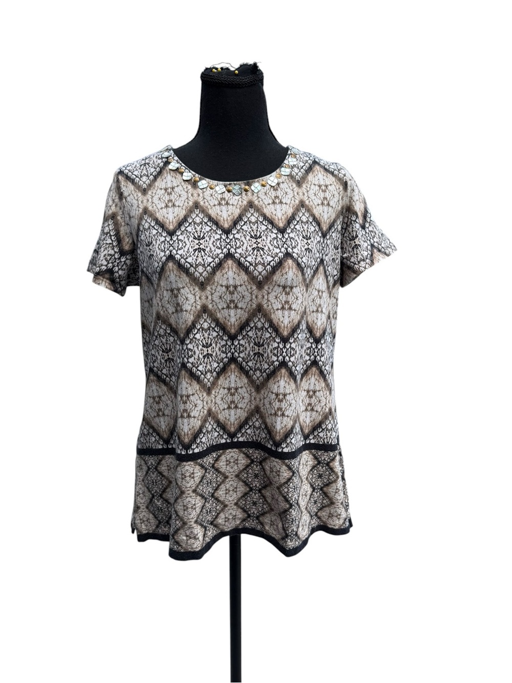 Ruby Rd. Neutral Geo Print Short-Sleeve Top with Jeweled Neckline